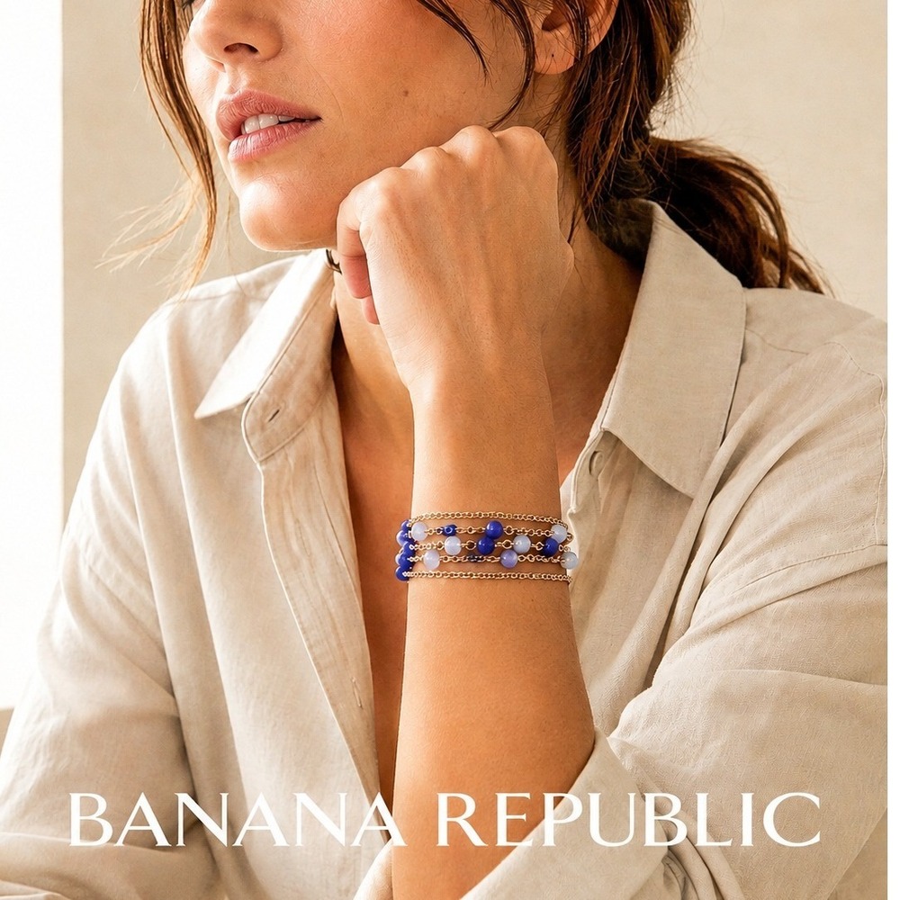 Banana Republic Gold Tone Multi Strand Blue Beaded Layered‎ Bracelet Logo Charm